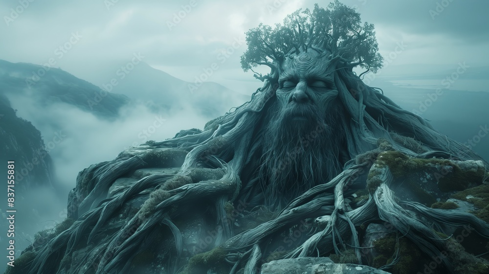 Ent, alive tree character sleeps with closed eyes standing on his roots on the mountain's top. Beautiful realistic image.
Ent, alive tree character sleeps with closed eyes standing on his roots on the mountain's top. Beautiful realistic image.