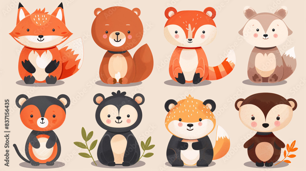 Cute animal character set with foxes, bears, and monkeys in a playful style Cute animal character set with foxes, bears, and monkeys in a playful style