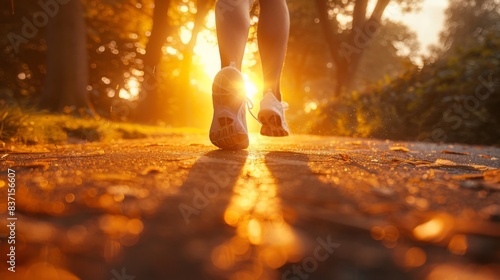 a woman athletic feet pushing off at the start of a run, with a golden sunrise
