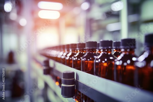 medicine brown glass bottles at production line