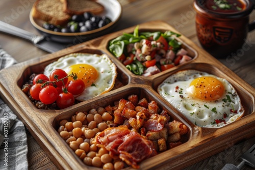 wooden compartmental dish with traditional english breakfast, promotional photo, food photo