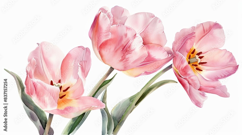 delicate pink tulip flowers isolated on white background vintage watercolor painting delicate pink tulip flowers isolated on white background vintage watercolor painting