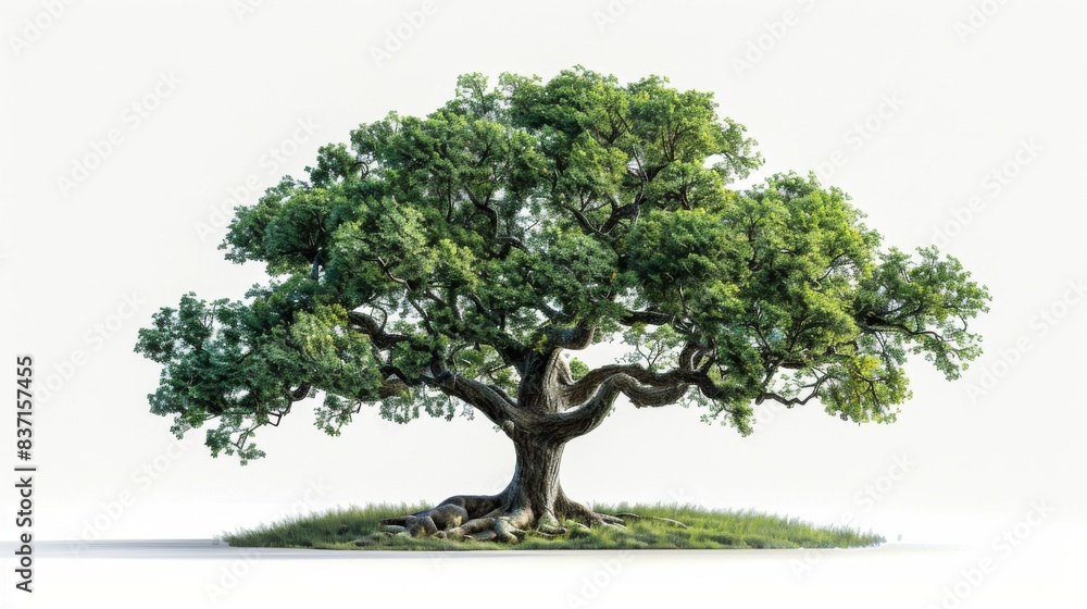 High-detail photo of an oak tree, isolated on a white background, highlighting its lush foliage High-detail photo of an oak tree, isolated on a white background, highlighting its lush foliage