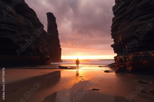 person with a camera in playa das catedrais at sunset, spain photo