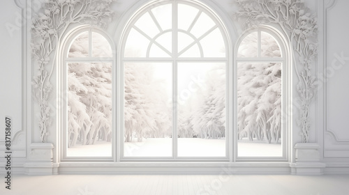 3D render of a white arch with a window  in a fantasy background  winter landscape