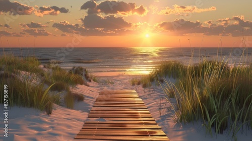 Sunset Beach Path  Long Boardwalk to White Sand and Ocean Water with Shrubs Alongside  Creating a Tranquil Scene