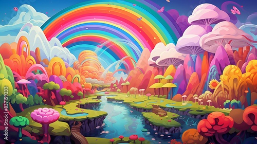 Design an abstract and dreamlike portrayal of a beautiful morning in the cartoon jungle