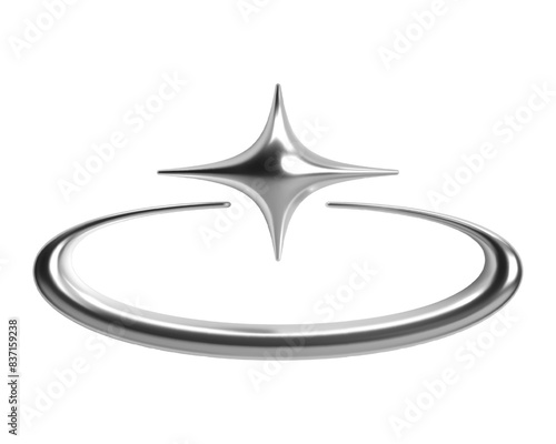 3d chrome star with crescent arc in futuristic cyber space y2k style. Isolated vector element spark or flash shape, shiny metallic glossy silver surface, ideal for celestial, cosmic, galactic themes