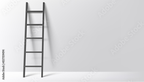 Black ladder on light grey wall background with shadow. Vector illustration