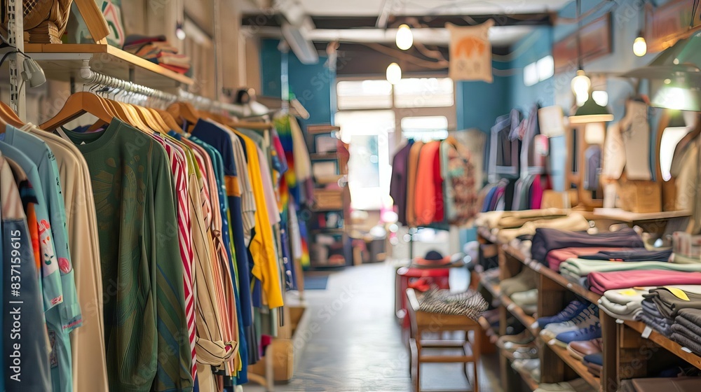 Naklejka premium elegant second hand clothing shop interior thrift store blur background 12