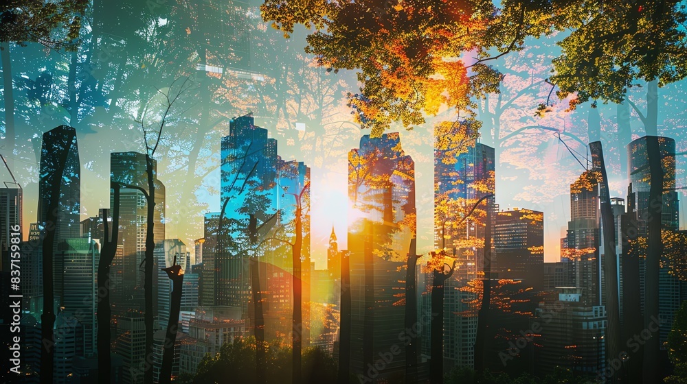 A surreal cityscape blends with nature, showcasing the harmony between urban and natural environments. The vibrant colors and ethereal glow create a captivating scene. A surreal cityscape blends with nature, showcasing the harmony between urban and natural environments. The vibrant colors and ethereal glow create a captivating scene.