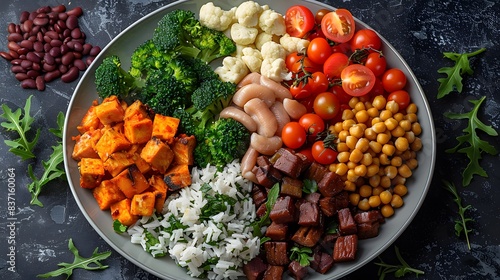 A nutritionist's guide to a balanced diet plate with labeled portions of proteins, carbs, and vegetables