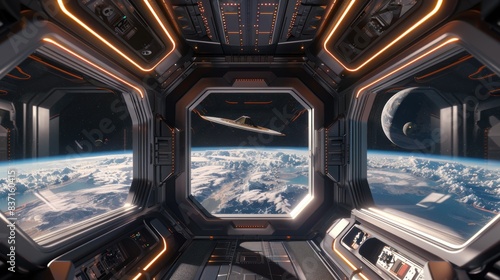 Fototapeta Naklejka Na Ścianę i Meble -  In this  3D rendering of a spaceship interior, we gaze out through large windows to behold the breathtaking view of Earth below.