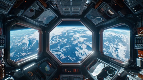 Fototapeta Naklejka Na Ścianę i Meble -  In this  3D rendering of a spaceship interior, we gaze out through large windows to behold the breathtaking view of Earth below.