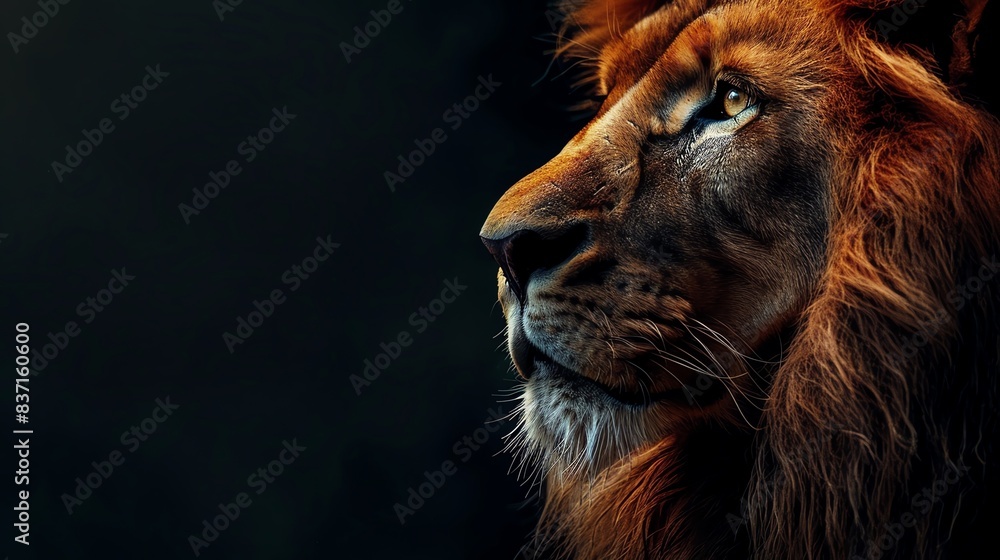 Naklejka premium A majestic lion with a thick mane stares intently into the distance, its gaze filled with power and focus. The dark background emphasizes the animal's strength and presence.