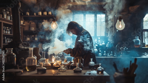 medieval alchemist working in a dimly lit laboratory, surrounded by bubbling potions and arcane symbols