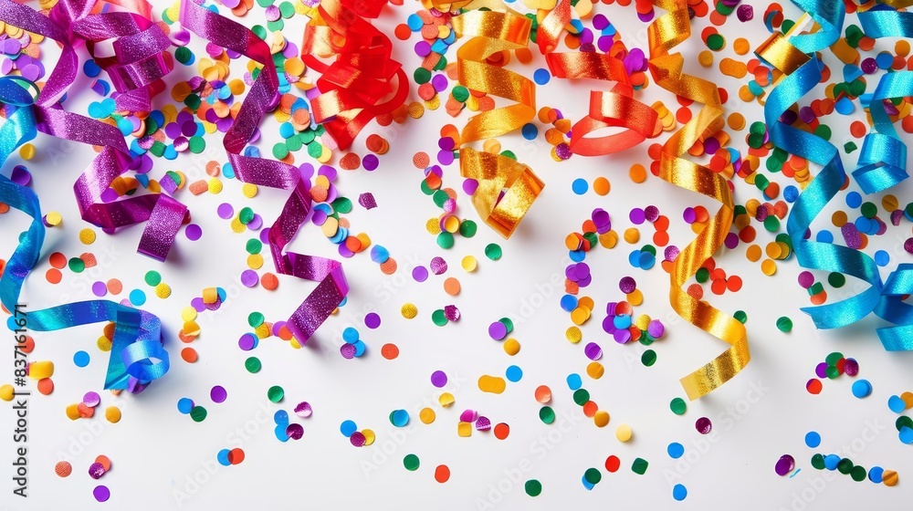 Obraz premium festive confetti and streamers in vibrant colors on white background party decoration