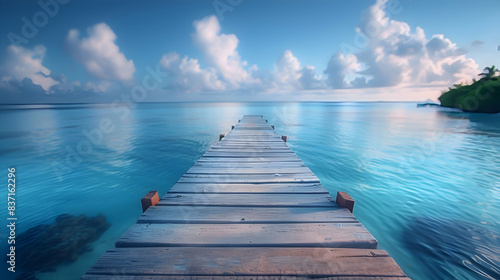 A vibrant nature atoll landscape with a wooden dock extending into the water, the calm surface reflecting the sky