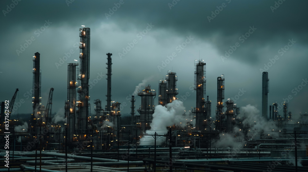 sprawling oil refinery with pipelines and storage tanks against a cloudy sky
