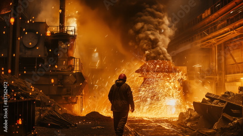 steelworker operating a blast furnace in a steel mill, surrounded by molten metal