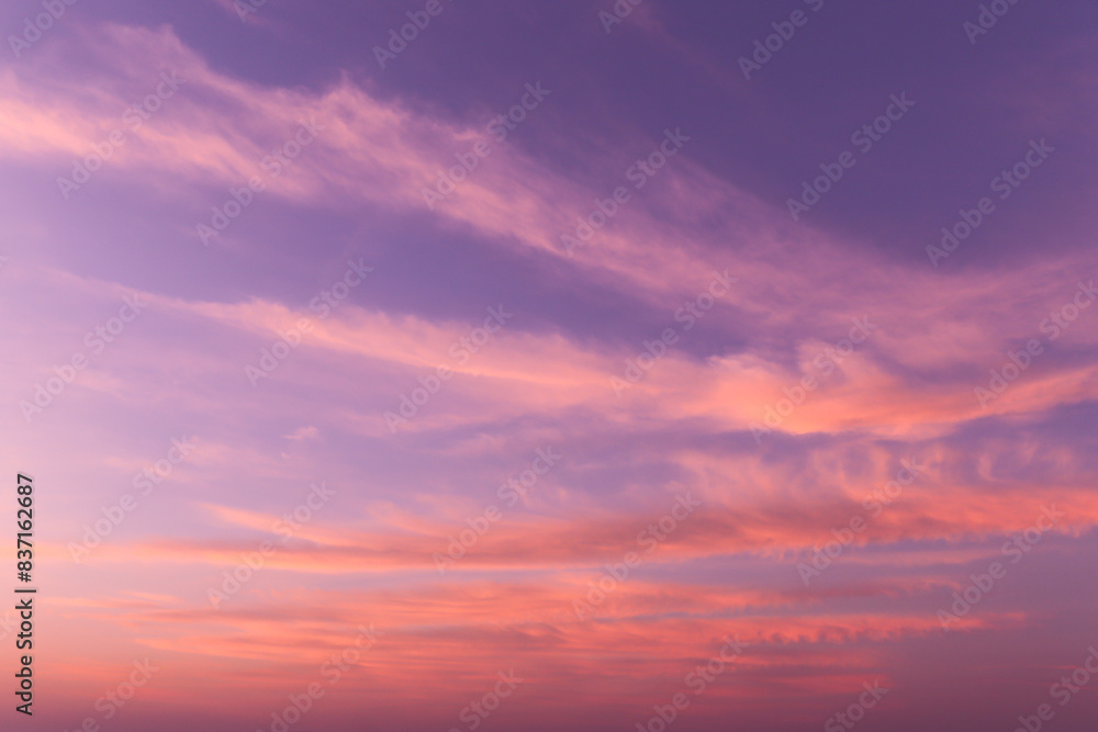 Dramatic soft sunrise, sunset pink violet blue orange sky with cirrus clouds background texture