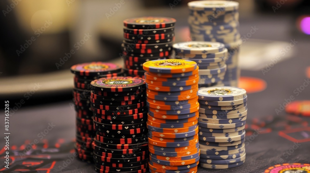 High Stakes Gaming: A Tower of Poker Chips on a Casino Table High Stakes Gaming: A Tower of Poker Chips on a Casino Table