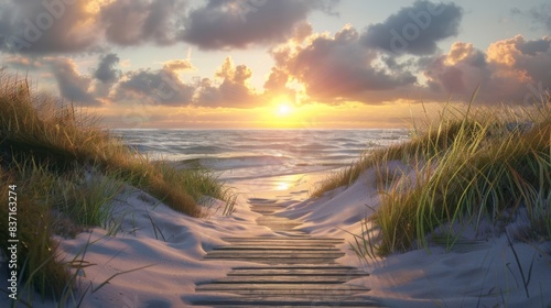 Long Boardwalk Leading to White Sand Beach and Ocean at Sunset A Serene Path with Shrubs on the Sides