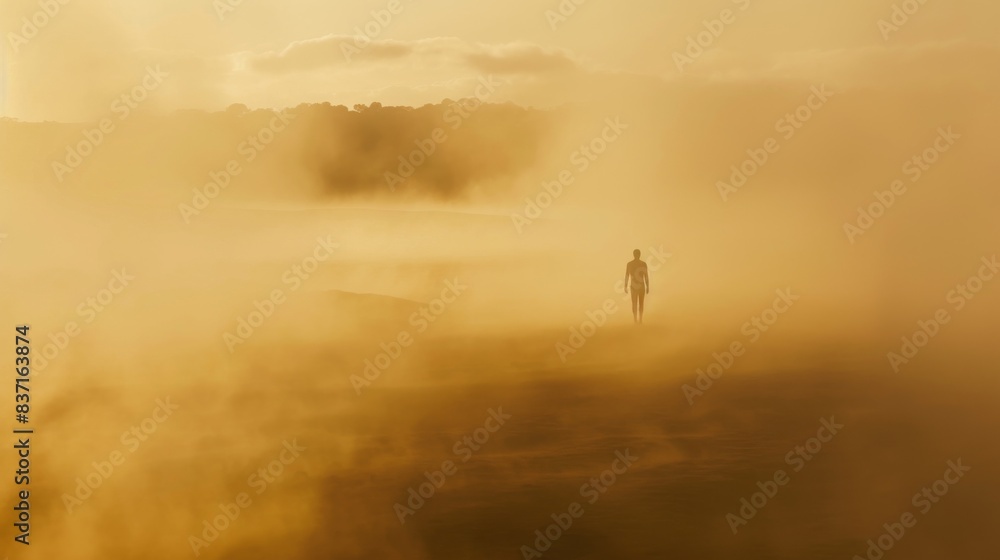 Obraz premium rear view, close-up, Shot of a landscape with a figure of a man standing in the middle of the fog, where his silhouette disappears into the haze, giving the image an atmosphere of mystery and
