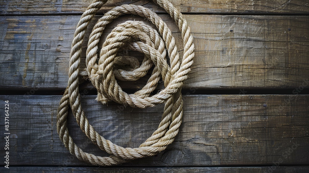 a neatly coiled rope on a wooden surface a neatly coiled rope on a wooden surface
