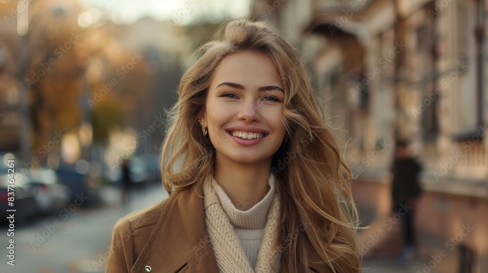 Elegant Woman Smiling Against Urban Background Generative AI Elegant Woman Smiling Against Urban Background Generative AI