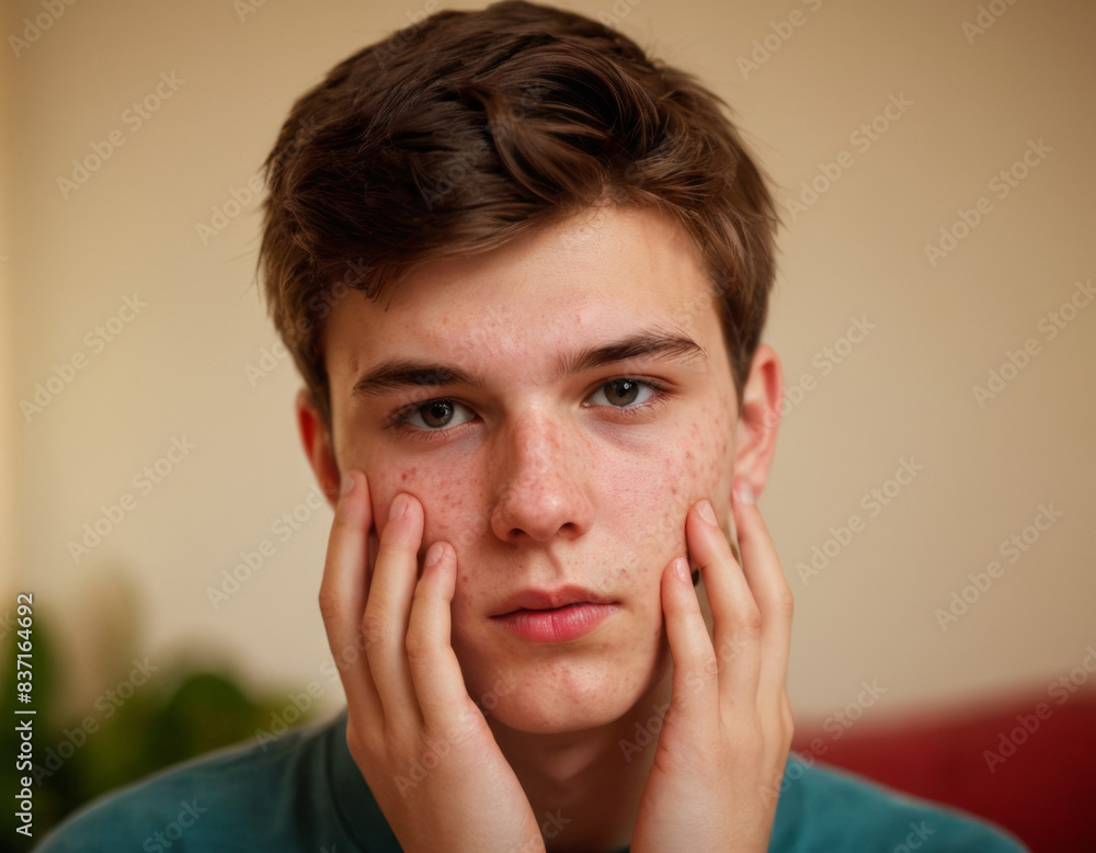 Teenage boy with acne problem take care his face skin at home. Teenage boy with acne problem take care his face skin at home.