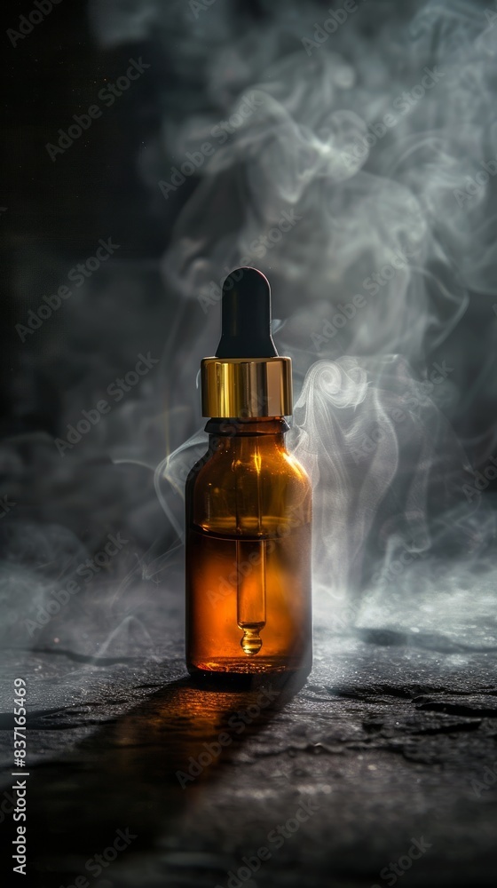 Amber Dropper Bottle Encased in Soft Mist, Old-World Apothecary Mystique style Against a Dark Stone Background Amber Dropper Bottle Encased in Soft Mist, Old-World Apothecary Mystique style Against a Dark Stone Background