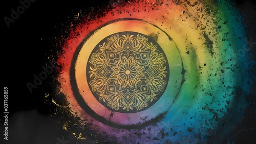 Nebulosa de ensueño: obra abstracta que combina geometría sagrada y un degradado arcoíris, adornada con acentos dorados y un mandala floral, creando un paisaje de ensueño con textura cinematográfica.