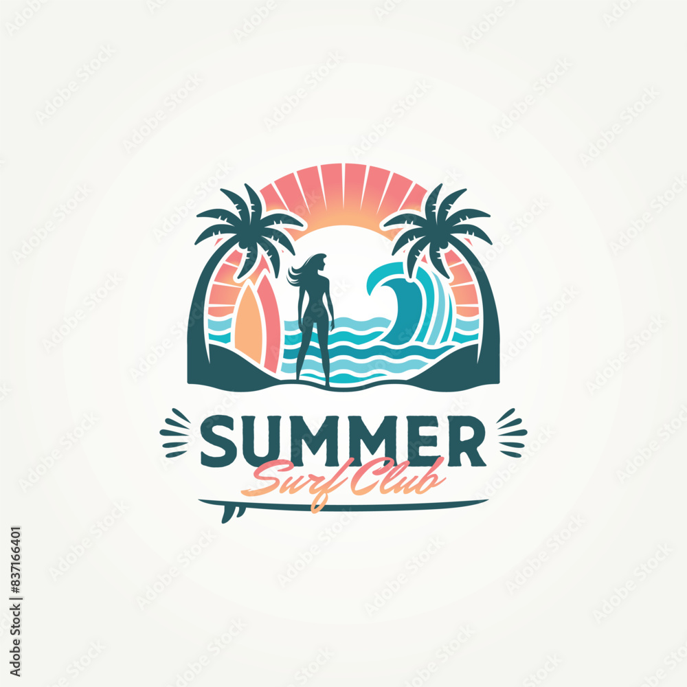 Fototapeta premium modern summer surf club label logo vector illustration design