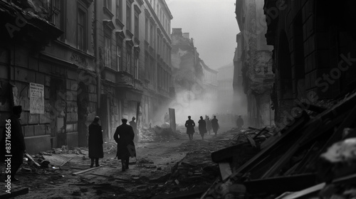 Black and White Depiction of the Warsaw Uprising Dark and Emotional Historical Scene