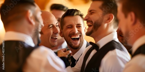 Groom and groomsmen laughing and getting ready together for the wedding. Concept Wedding preparation, Groomsmen camaraderie, Wedding day laughter photo