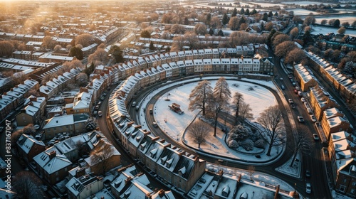 Aerial View of a Snow-Covered Circular Residential Neighborhood at Sunrise with Frosty Trees and Houses in Winter
