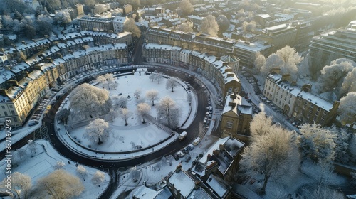 Aerial View of a Snow-Covered Circular Residential Area in a Historic City During Winter with Frosted Trees and Early Morning Sunlight
