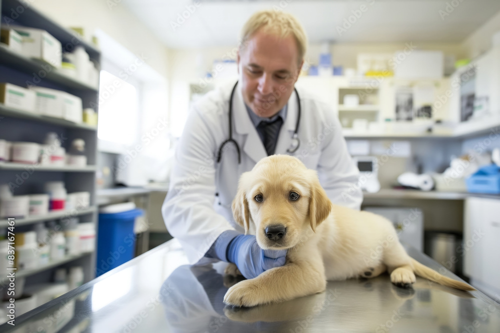 Professional veterinarian in a lab coat smiling as he gently examines a calm golden retriever puppy on a stainless steel table in a well-equipped veterinary clinic Professional veterinarian in a lab coat smiling as he gently examines a calm golden retriever puppy on a stainless steel table in a well-equipped veterinary clinic