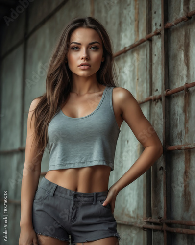 Confident Young Woman in Gray Crop Top and Shorts Posing Against Industrial Background with Serious Expression