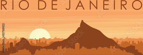 Brown panoramic poster of the city skyline with misty background buildings, sunrise, clouds and mountains of RIO DE JANEIRO, BRAZIL