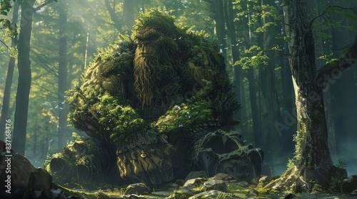 A hill giant sitting in a forest concept art. photo