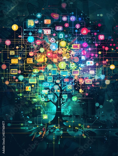 Social media and tech icons grow from a circuit tree, merging the concepts of nature and the digital environment.