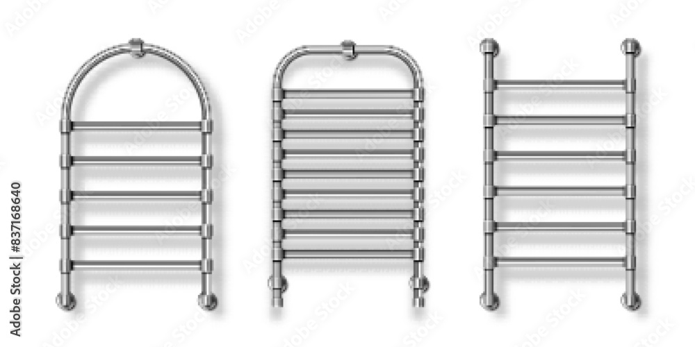 Bathroom heated towel rail set. Metal chrome radiators for drying wet clothes. Towel dryer. Vector illustration isolated on transparent background. Bathroom heated towel rail set. Metal chrome radiators for drying wet clothes. Towel dryer. Vector illustration isolated on transparent background.
