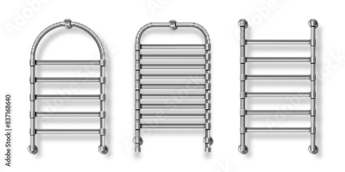 Bathroom heated towel rail set. Metal chrome radiators for drying wet clothes. Towel dryer. Vector illustration isolated on transparent background.