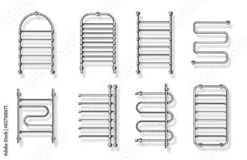 Bathroom heated towel rail set. Metal chrome radiators for drying wet clothes. Towel dryer. Vector illustration isolated on white background.