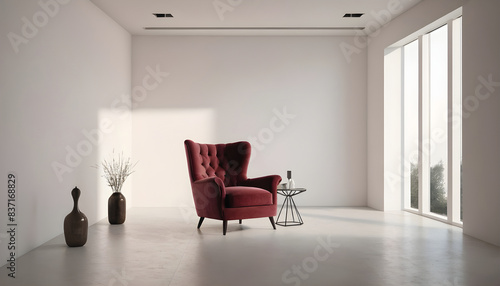 Stylish red armchair draws attention in a modern living space with white walls, expansive windows, and understated decor