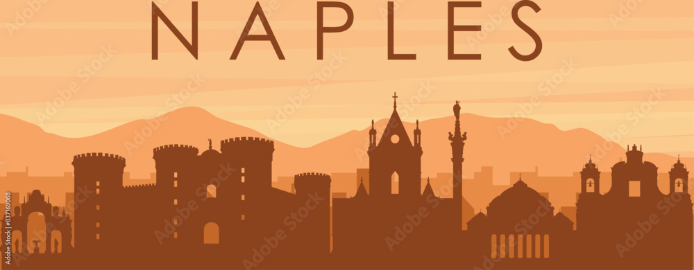 Brown panoramic poster of the city skyline with misty background buildings, sunrise, clouds and mountains of NAPLES (NAPOLI), ITALY Brown panoramic poster of the city skyline with misty background buildings, sunrise, clouds and mountains of NAPLES (NAPOLI), ITALY