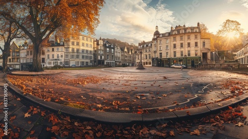 Charming European Town Square in Autumn with Historic Buildings and Colorful Fall Foliage