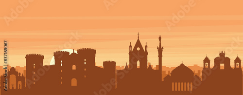 Brown panoramic poster of the city skyline with misty background buildings, sunrise, clouds and mountains of NAPLES (NAPOLI), ITALY